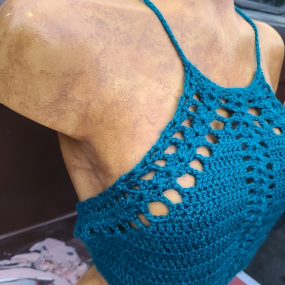 Teal 90s y2k punk goth crochet corset back handmade crochet crop top size m-l - Picture 4 of 9